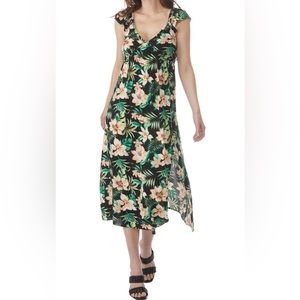 NWT - Floral Print, Flutter Sleeve Dress with Slit, Size: Small, Black/Floral